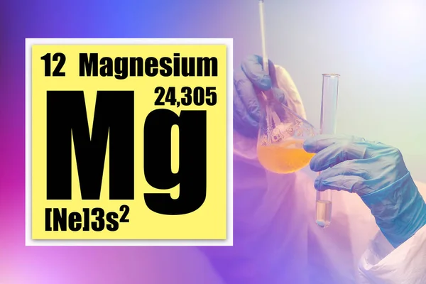Magnesium research in the laboratory. Magnesium element logo from the periodic table. Laboratory assistant mixes the liquid in the flask. Characteristic cell MG. MG in the conversion table.
