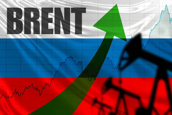 Growing graphs next to the flag of Russia. Inscription BRENT on the background of the flag of Russia. Concept - the influence of the Russian Federation for the oil industry. Oil prices rise rapidly