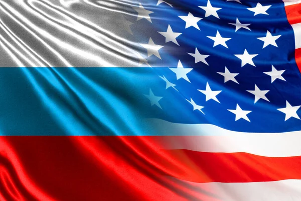 Relations between Russia and the USA. Concept - negotiations between Trump and Putin. Flags of America and Russia are nearby. International relationships. Geopolitics. United States. Russian flag