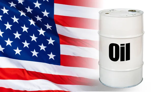 US influence on oil prices. Concept - the change in the price of oil extracted in the United States. Petrolium production in the United States. USA flag next to the barrel. Crude oil barrel. Naphtha