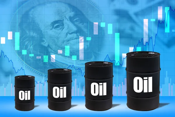 Barrels with the words oil. Size of the barrels is gradually increasing. Concept - rise in hydrocarbon prices. Crude petroleum prices are rising rapidly. Charts show growth. Increase in oil revenues
