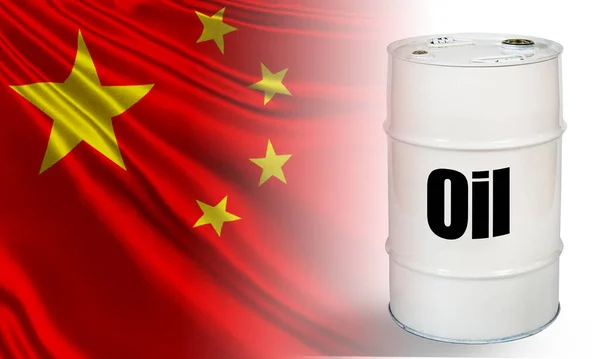 Oil barrel on the background of Chinese flag. Flag of the PRC close-up. Concept - China oil consumption. Concept - sale of oil to the People's Republic of China. Chinese influence on petrolium prices
