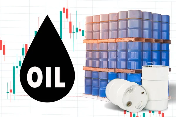 Logoti oil symbolizes a drop. Oil is stored in multi-colored barrels. The schedule is gradually decreasing. Commodity price fluctuations. Changes in oil prices. Fall in the cost of petroleum products