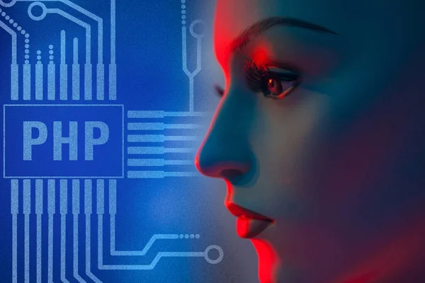 PHP logo. The girl\'s face next to the inscription PHP. Concept - woman programmer. Concept - programming training. PHP courses. Personal Hypertext Preprocessor. PCB lines as a symbol of electronics