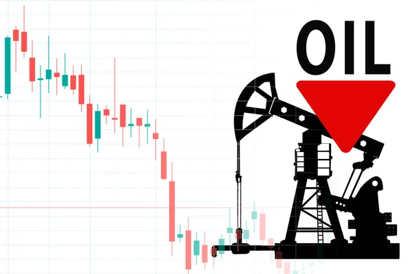 Black lettering Oil, declining chart and oil rig. The decline in oil prices. Global fuel market. Reducing the volume of natural resource extraction. A sharp drop in fuel prices.