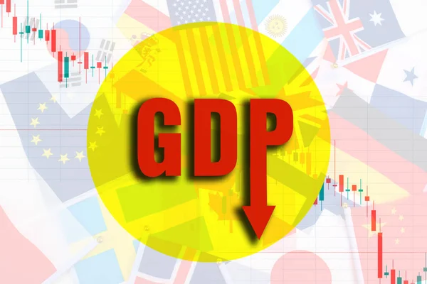 Decline in GDP of different countries. Red letters GDP with a down arrow on the background of flags of countries of the world. Global economic crisis. The decrease in volumes of output.