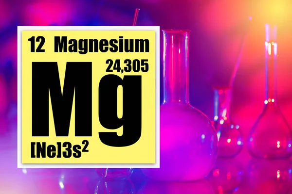 MG. Logo magnesium. Chemical experiments with magnesium. Test tubes of various shapes stand on the table. Experiences. Yellow cell with MG logo. Concept - magnesium in the human body. Macronutrients