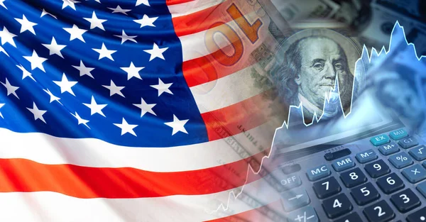 Growth of quotations of American companies. Growth of the dollar. Growth trend in the us market. New York stock exchange. American flag, dollars, growing chart and calculator.