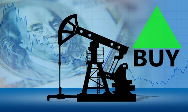 An oil rig and the word Buy with an up arrow. World oil market. An advantageous situation for purchasing energy resources. Crude oil trading. Natural wealth.