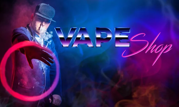 Sale of electronic cigarettes. The inscription VAPE shop and Smoking man in a baseball cap. A person lets out smoke from an e-cigarette and demonstrates a circle of smoke. Benefits and harms of vaping