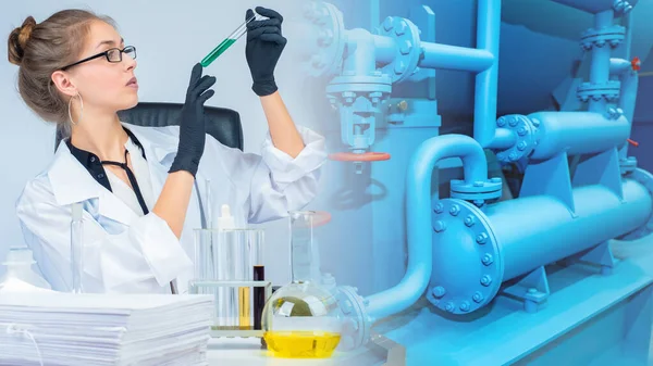 The chemist checks the quality of reagents for production. A girl with test tubes and documents on a background of blue pipes. Control at the chemical plant. Checking the quality of raw materials.
