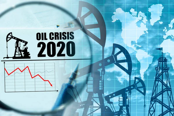 Oil crisis 2020. Concept - falling demand has led to crises. Problems in fuel market led to a crisis. Graph shows a drop in oil demand. Fall in oil prices led to global crisis. Continents. Magnifier