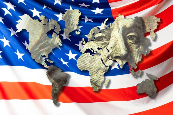 World map on the background of the American flag. The growing influence of the United States in the world. Increasing the value of the American economy. Dollar in international settlements.