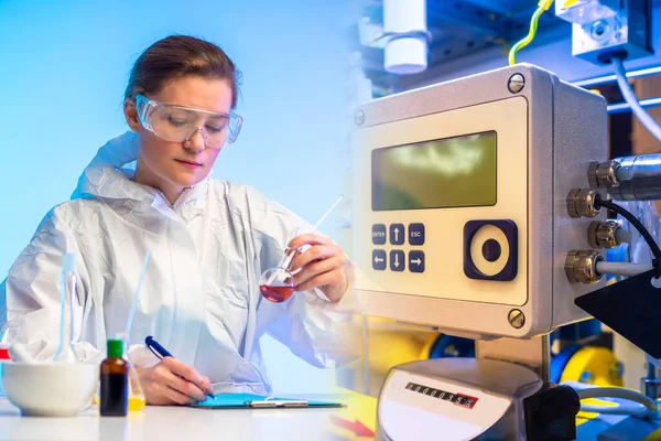 Chemist at the company. Quality control of raw materials for production. The girl controls the chemical composition of the products. Laboratory control.