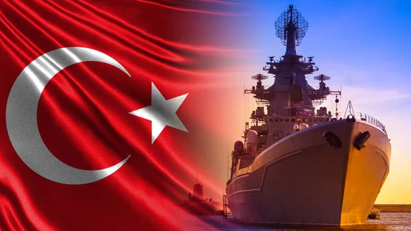 Demonstration of ships and submarines of the Turkish army. Warship and submarine on the background of the flag of Turkey. Turkish fleet. Equipment of the army of the Republic of Turkey.