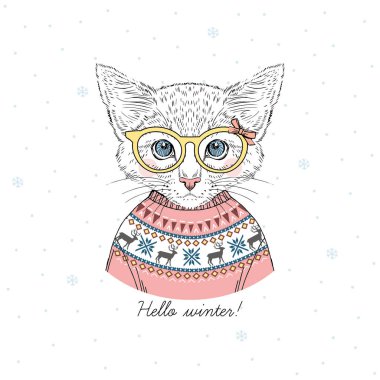 şirin yavru kedi kız portresi giyinmiş