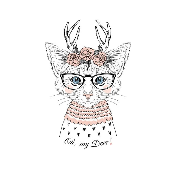 Chaton portant guirlande rose et cornes de cerf — Image vectorielle