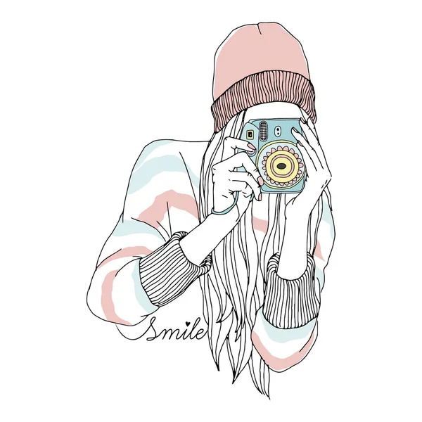 Teen girl hipster with camera — Stock Vector