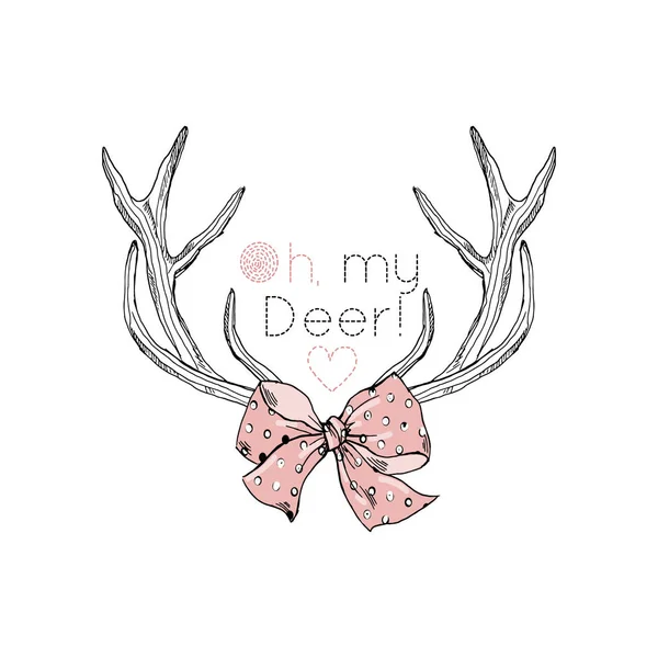 Deer horns and quote, oh my deer — Stock Vector