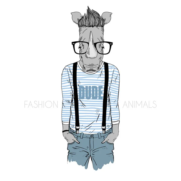 Hipster rino, illustrazione d'arte pelosa — Vettoriale Stock