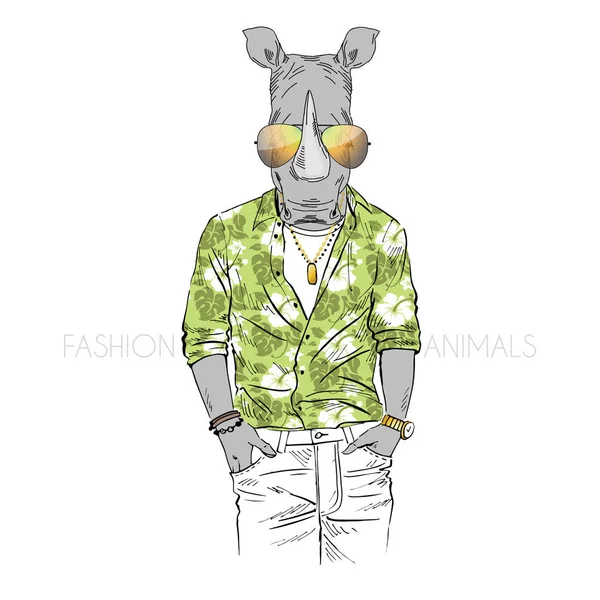 Rino vestido con camisa de aloha — Vector de stock