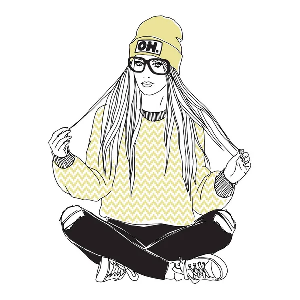 Ilustração de moda de hipster menina adolescente — Vetor de Stock