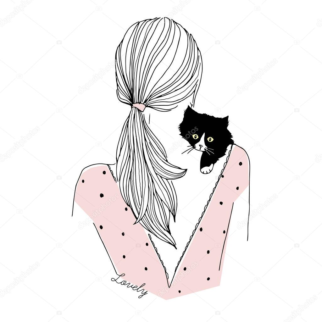 Yavru kedi kız moda çizimi Vektörel çizim ©olga.angelloz Vektörel