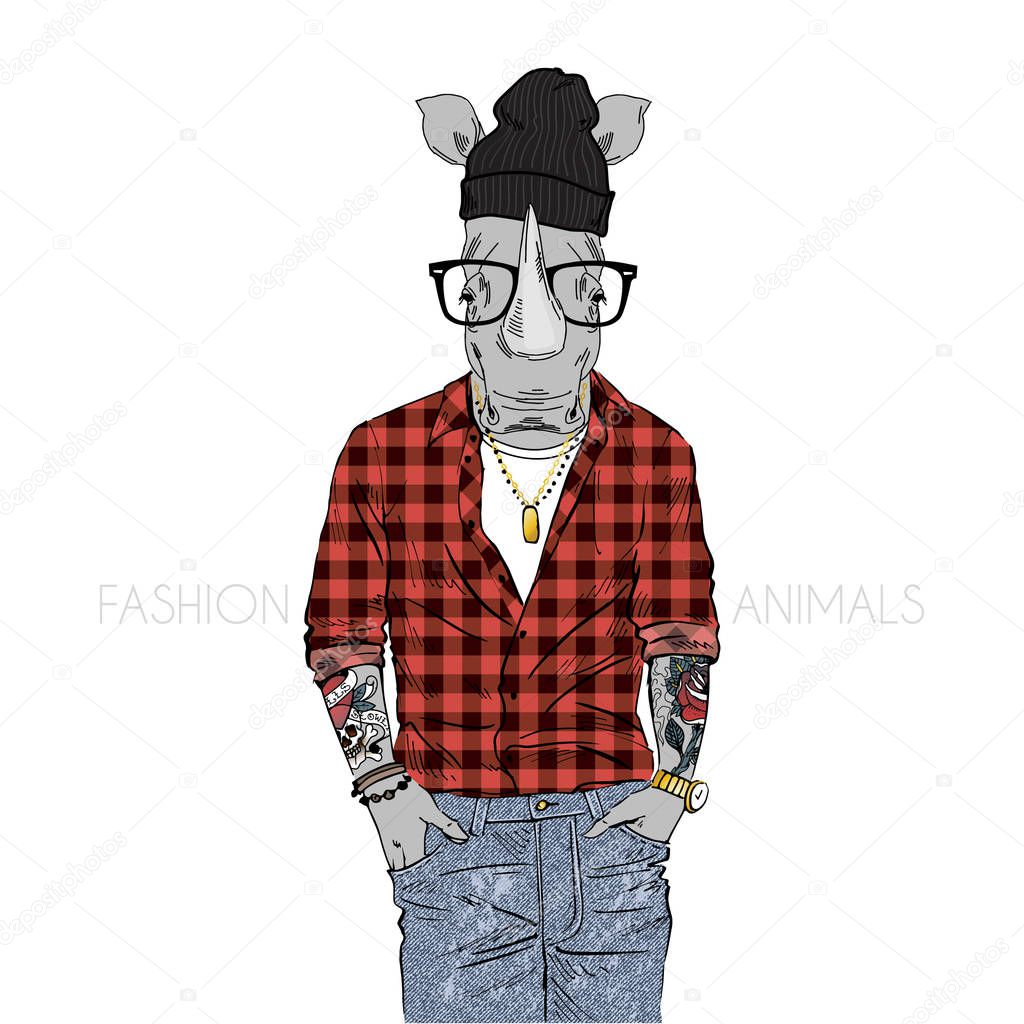 hipster rino dressed up in plaid shirt