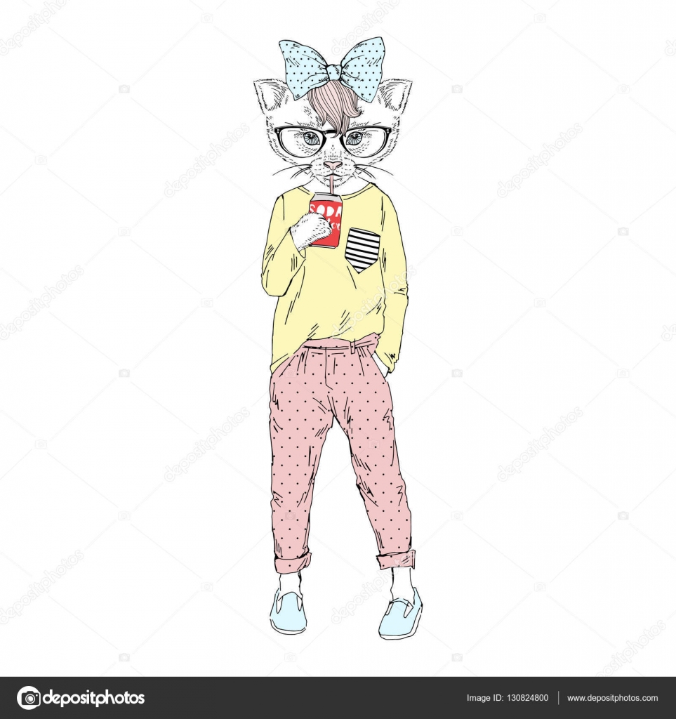 소 다 물 마시는 귀여운 고양이 소녀 스톡 벡터 - ©olga.angelloz 130824800, image size:963x1024