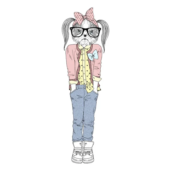 Lindo perrito chica hipster en pantalones — Vector de stock