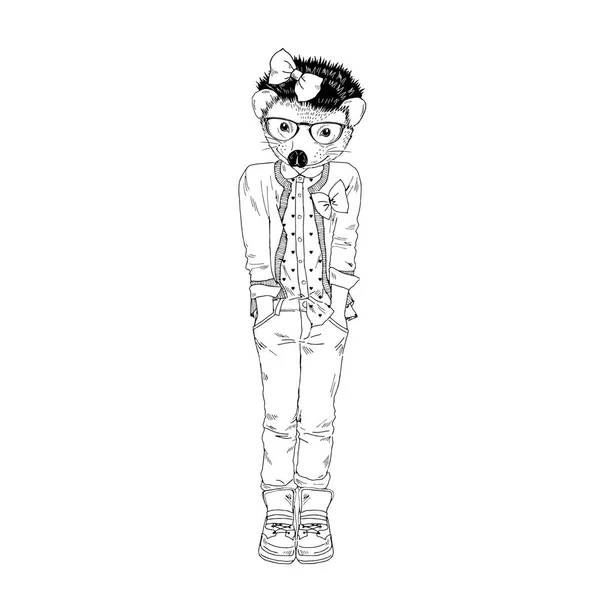 Mignon hedgehog fille hipster dans pantalon — Image vectorielle