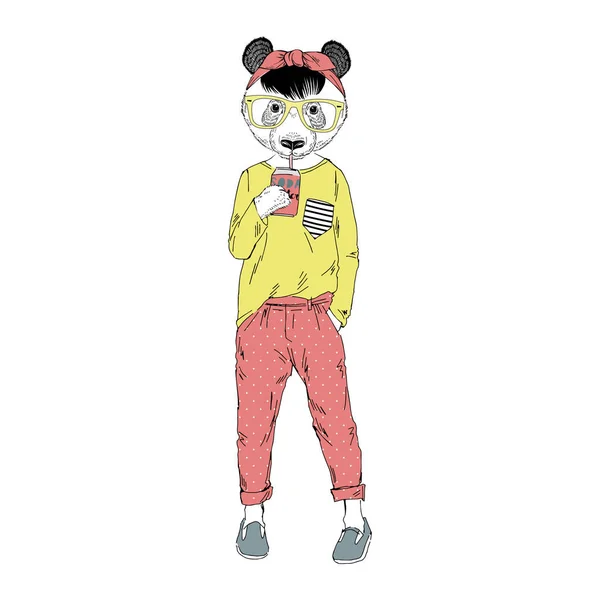 Carino panda ragazza bere soda acqua — Vettoriale Stock