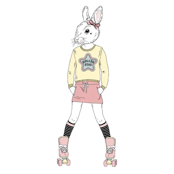 Mignonne lapin fille sur patins à roulettes — Image vectorielle