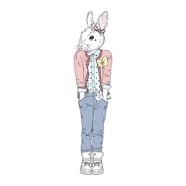 Cute bunny girl hipster in trousers — Stock Vector