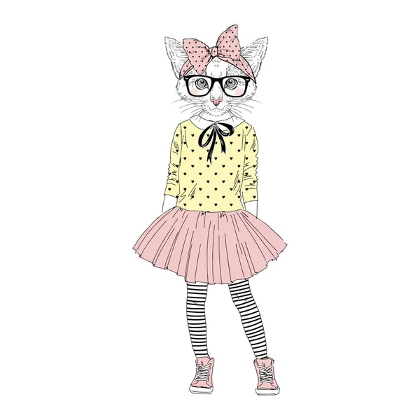 Lindo gatito chica hipster en falda — Vector de stock