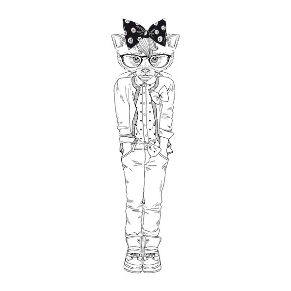 Lindo gatito chica hipster en pantalones — Vector de stock