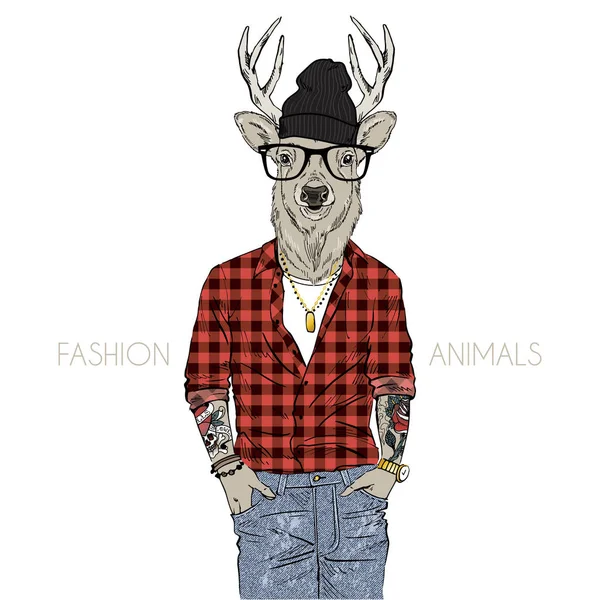 Bokovky jelen oblečená v kostkované košili — Stockový vektor