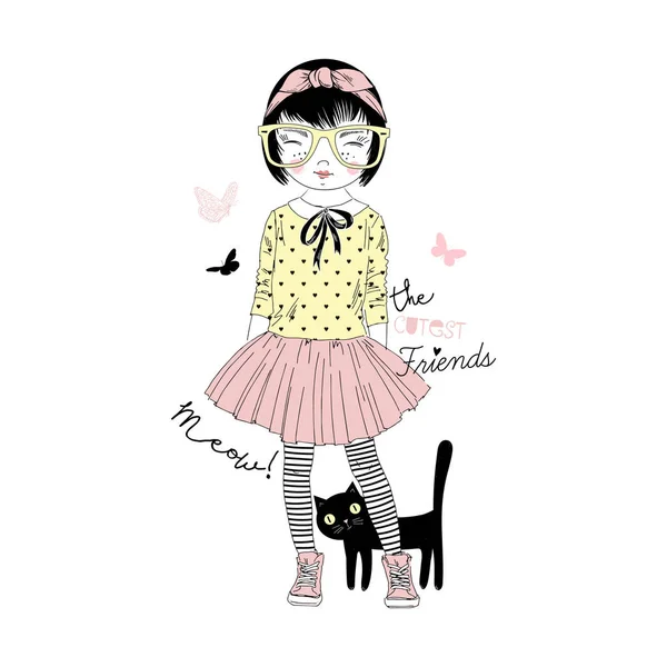 Mignon dessin animé fille avec chat — Image vectorielle