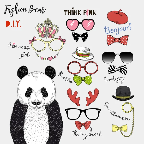 Orso panda e accessori moda — Vettoriale Stock
