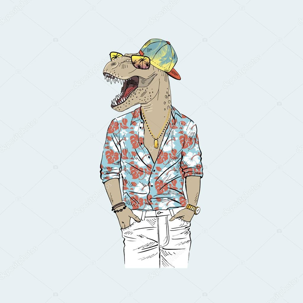 dinosaur in aloha shirt and snapback
