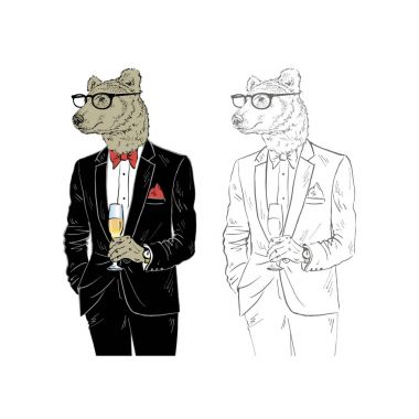dressy bear with champagne clipart
