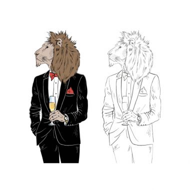 dressy lion with champagne clipart