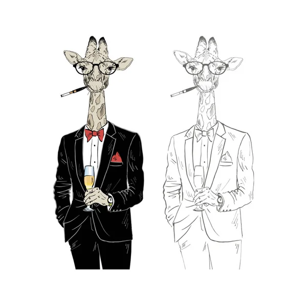 Giraffa elegante con champagne — Vettoriale Stock