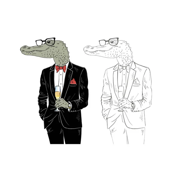 Dressat alligator med champagne — Stock vektor