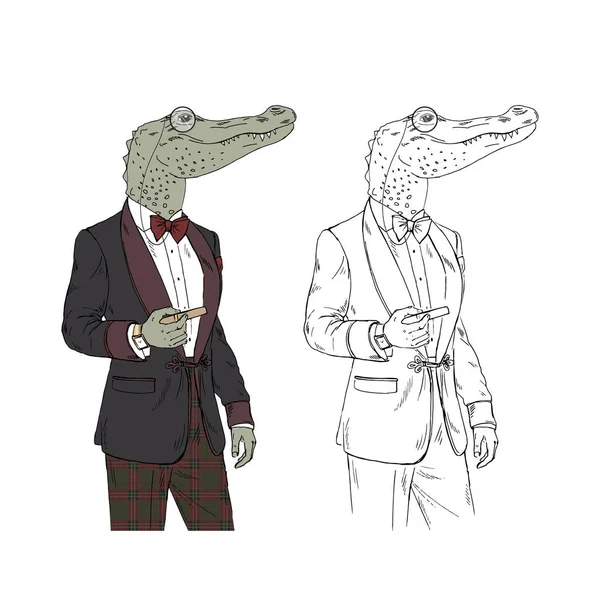 Аллигатор джентльмен с сигарой — стоковый вектор
