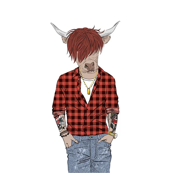 Cow hipster, lurviga art illustration — Stock vektor