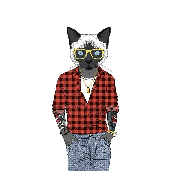 Siyam kedi hipster, tüylü sanat — Stok Vektör