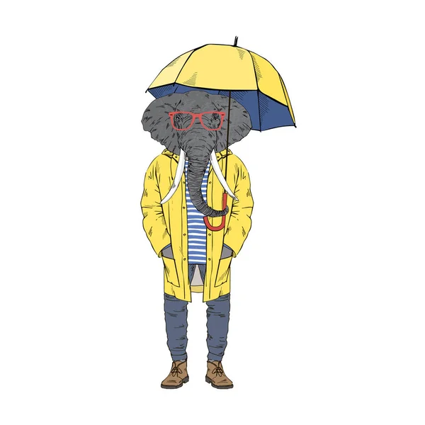 Elefante vestido com capa de chuva amarela —  Vetores de Stock