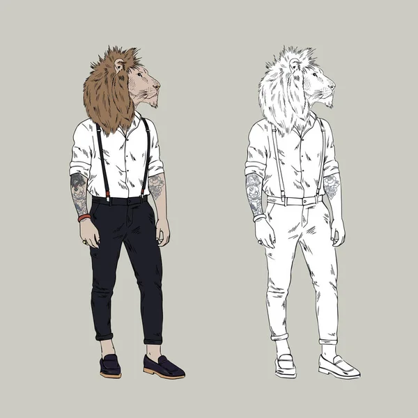 León hipster, ilustración de arte peludo — Vector de stock