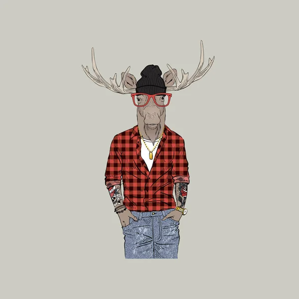 Moose hipster, furry art illustration — Stock Vector